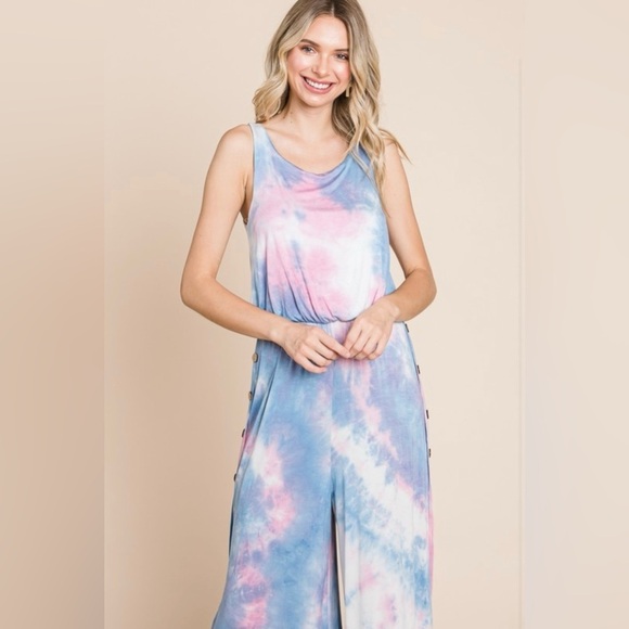 New!Plus Size Tie-Dye Button Side Detail Split Hem Jumpsuit Size 1X 2X 3X - Picture 7 of 8